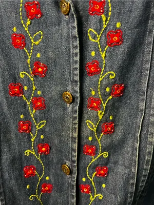 Jane Ashley Vintage Denim Red Floral Embroidered Button Down Plus Size Top thumbnail 4