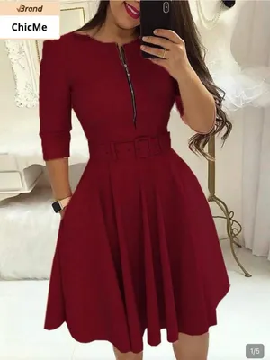 ChicMe Burgundy Belted Midi Dress with Front Zip Detail thumbnail 1