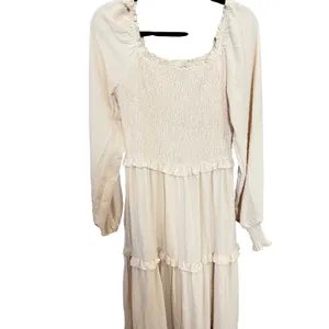 PrettyGarden Cream‎ Swiss Dot Smocked Tiered Maxi Dress Long Sleeve Beige Medium thumbnail 4