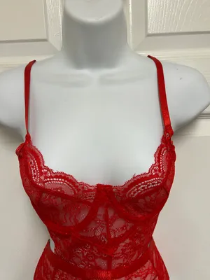 SheIn Red Lace Love Gothic Bodysuit thumbnail 7