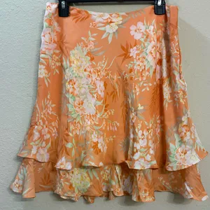 Jones New York Flowy Orange Silk Floral Ruffle Tiered Mini Skirt Size 10 Petite thumbnail 1