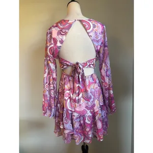 VICI Pink Purple‎ Paisley Back Tie Mini Dress Small Y2K fairy retro boho whimsi thumbnail 5