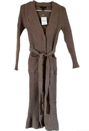 Forever 21 Ribbed Midi Sweater Dress Belted Button Up Knit Brown Small NWT thumbnail 1