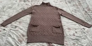 Wool Blend Brown Cable Knit Turtleneck Sweater Dress with Pockets, size M thumbnail 7