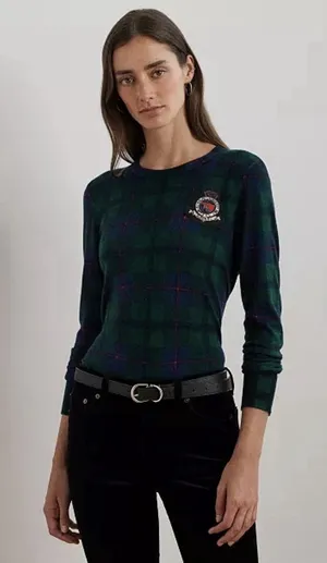 Lauren Ralph Lauren Women Black Watch Plaid Green Sweater Beaded Crest Size PXL thumbnail 1