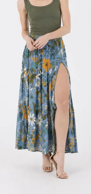 NWT Angie Blue Floral High Slit Tiered Maxi Skirt Boho Size Small thumbnail 1