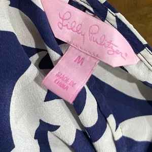 Lilly Pulitzer Silk Navy Blue Chevron Bird Print Blouse SZ M Boxy Fit Nautical thumbnail 4