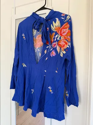 Free People Gemma Blue Floral Long Sleeve Tunic Minidress Open Back Size Medium thumbnail 4