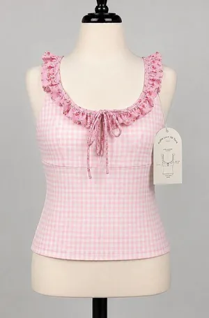 Blogilates Pink Gingham Ruffle Lace Up Tank Top Floral Trim Small NWT Balletcore thumbnail 1
