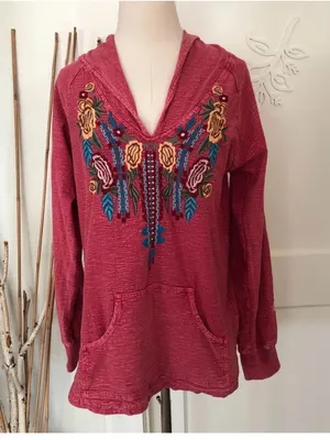 Avani del Amour xl boho hooded cotton embroidered top pink red thumbnail 4
