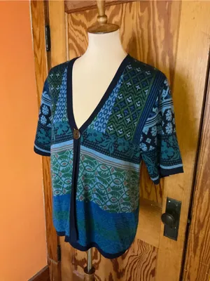 Coldwater Creek USA Mixed Pattern Cardigan Blue Green Rayon Knit Boho Sweater thumbnail 6