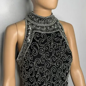 Vintage 1980s Papell Boutique Black Silver Beaded Silk Evening Top Small thumbnail 2