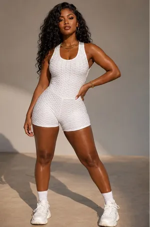 White Textured Scrunch Romper | Open Back Activewear thumbnail 1