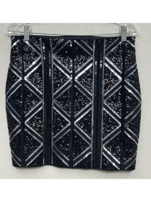 Express Sequin Mini Skirt Medium Black Silver Stretch Pull On Holiday Party Club thumbnail 2
