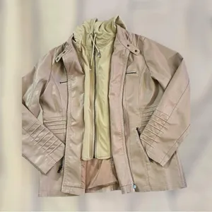 Tanming Women's Removable Hooded Faux Leather Jackets in Apricot/Tan thumbnail 2