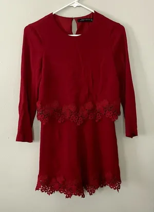 Zara Woman red lace floral dress long sleeved vintage style classic comfortable thumbnail 1