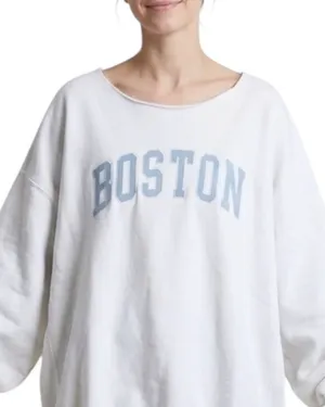 RARE Brandy Melville Oversized Boston Sweatshirt Pockets Cut Neck White Blue S M thumbnail 1