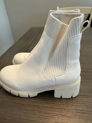 Women's White Chunky Chelsea Booties with Ribbed Ankle thumbnail 3