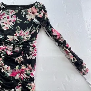 Lulus Ayana Black Pink Floral Ruched Mesh‎ Bodycon Dress SMALL thumbnail 11