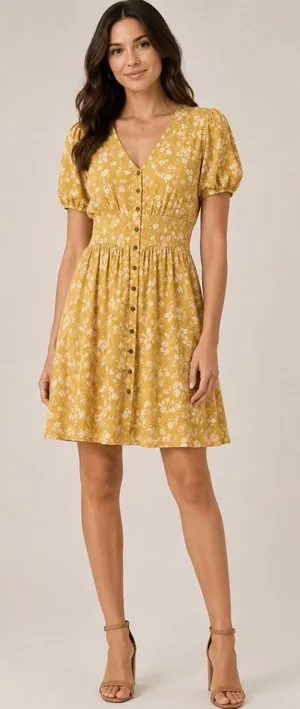 Billabong Twirl Twist Women's XS Mustard Yellow‎ Floral Button Down Mini Dress thumbnail 1