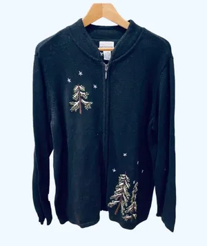 Vintage Christmas Sweater Cardigan Zip Trees 1X Embroidered Black Green thumbnail 5
