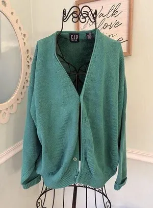 Vintage GAP Green Cardigan L Button Up Thick Chunky Preppy Yacht Yuppie knit thumbnail 1