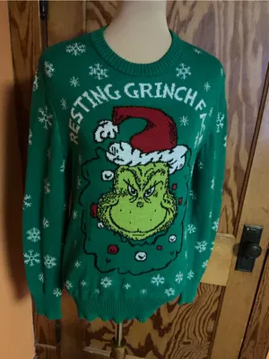 The Grinch Resting Grinch Face Christmas Ugly Sweater Green Medium Dr Seuss thumbnail 8