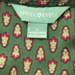 April Cornell Candlelight Smock Dress Large L Olive Green Block Print Boho Midi thumbnail 5