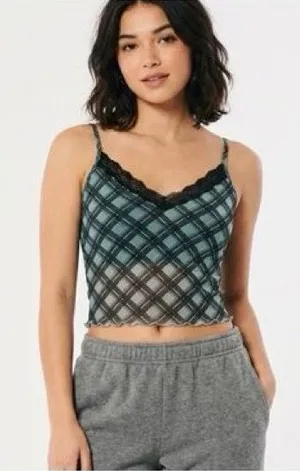 Hollister Teal Plaid Lace-Trim Crop Cami thumbnail 1