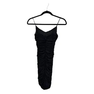 Oh Polly Black Ruched Mesh Cutout Bodycon Midi Dress Spaghetti Strap US 0 thumbnail 8