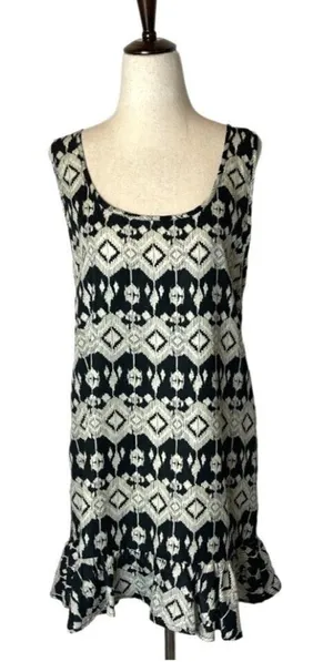 Kiwi‎ Tucker Tank Top Women Medium Black Cream Geometric Aztec Ruffle Hem Tunic thumbnail 1