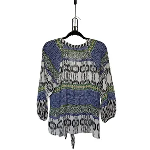 Anthropologie Fig & Flowers XL Boho Ikat Geometric Semi Sheer Tie Bottom Blouse thumbnail 2