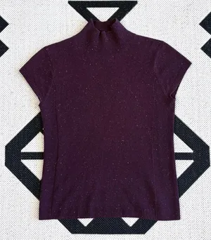 Worth Flecked Cap Sleeve Mockneck Wool Cashmere Sweater Dark Purple Small thumbnail 1