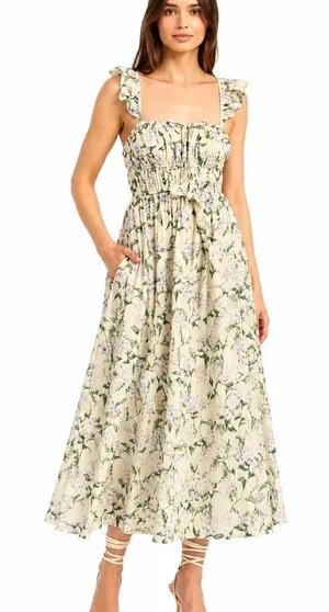 En Saison Charleston Floral Ruffle Midi Dress Natural Indigo NWT M thumbnail 1
