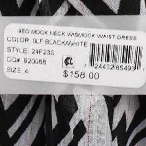 Sam Edelman Geo Mock‎ Neck Smock Waist Midi Dress Womens Size 4 Black White NWT thumbnail 3