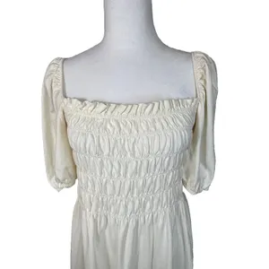 H&M Ivory Puff Sleeve‎ Smocked Cotton Midi Dress Sz S Milkmaid Cottagecore Romantic thumbnail 9