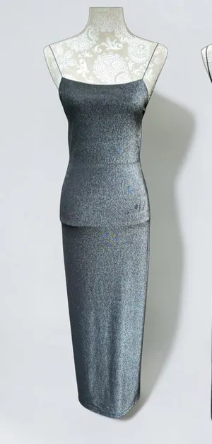 City Triangles Y2K 90s Minimalist Shimmer Open Back Column Maxi Dress Silver Black Size M Read thumbnail 1