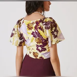 Anthropologie Maeve Cinched Yellow Floral Flutter Sleeve Tie Top‎ Blouse thumbnail 8