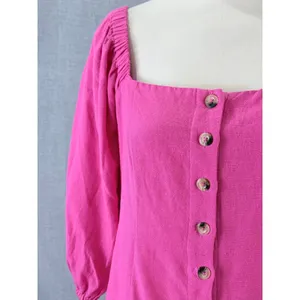 L*Space Bright Pink Puff Sleeve Square Neck Button Front Mini Dress‎ M thumbnail 4