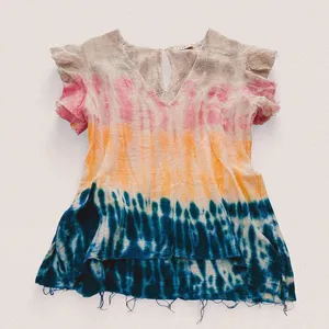 StarkX Tie-Dye Colorful rainbow Cotton Gauze Frayed Hem Top Luxury Boho M thumbnail 1