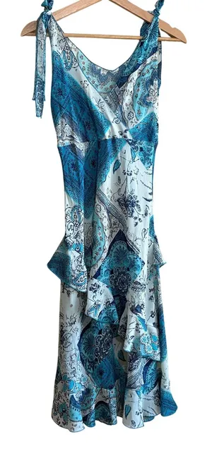 Vintage blue white adjustable knot straps midi tiered fairy dress women's size M thumbnail 1
