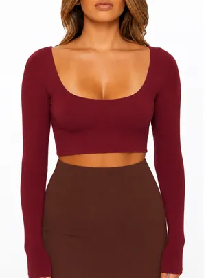 NEW Naked Wardrobe Long Sleeve Cropped Top Burgundy Stretch Viscose XS thumbnail 1