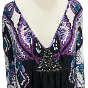 ECI Y2K Babydoll Tunic Dress L Purple Paisley Studded Top Fairy‎ Whimsygoth Boho thumbnail 4
