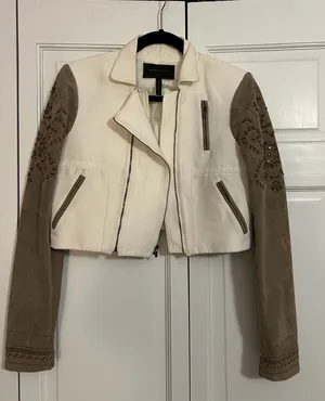 BCBGMAXAZRIA cream leather jacket with suede sleeves and embroidery. Size M #leatherjacket #embroidery thumbnail 1
