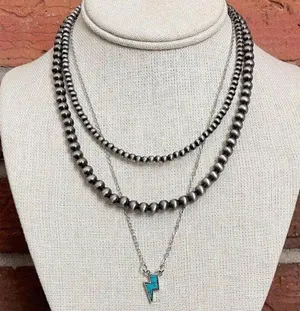 Turquoise Lightning Bolt and Navajo Style Pearl Necklace thumbnail 1