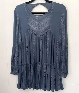 Free People Kiss Kiss Tunic Embroidered Lace Blue Long Sleeve Dress Women’s XS thumbnail 1
