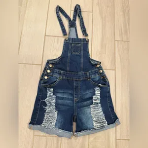 Denim Blue Distressed Short Overalls - Women thumbnail 2