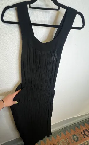 Akla Dresses Black Crinkle Gauze Cross Back Maxi Dress with Pockets Sleeveless thumbnail 1