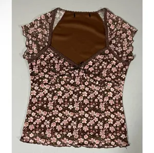 Brown Pink Floral Lace Bow Short Sleeve Tee T-Shirt Top Blouse Size M 🌸✨l thumbnail 2