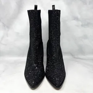 Jimmy Choo Mele Glitter 85 Chelsea Stretch Knit Block Heel Ankle Boots Black 36 thumbnail 6